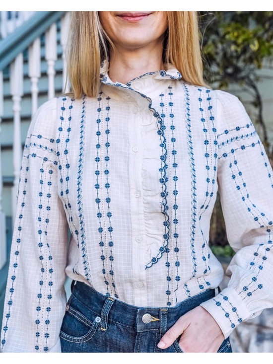 Sezane Tops - SEZANE NWT White Blue Cream Floral Embroidered Ruffle Button Down Chlo Shirt Top